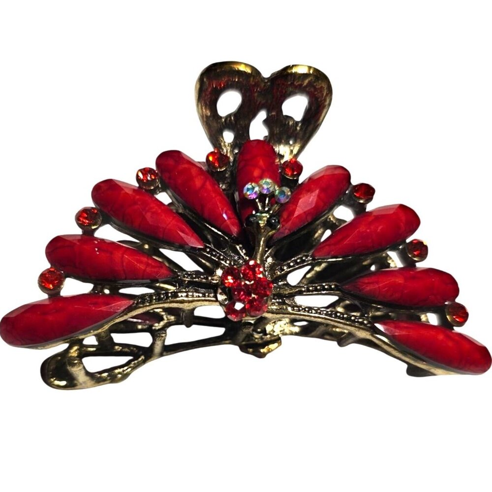 Metal Hair Claw Clip Red Rhinestone Peacock statement dressy festive holiday
